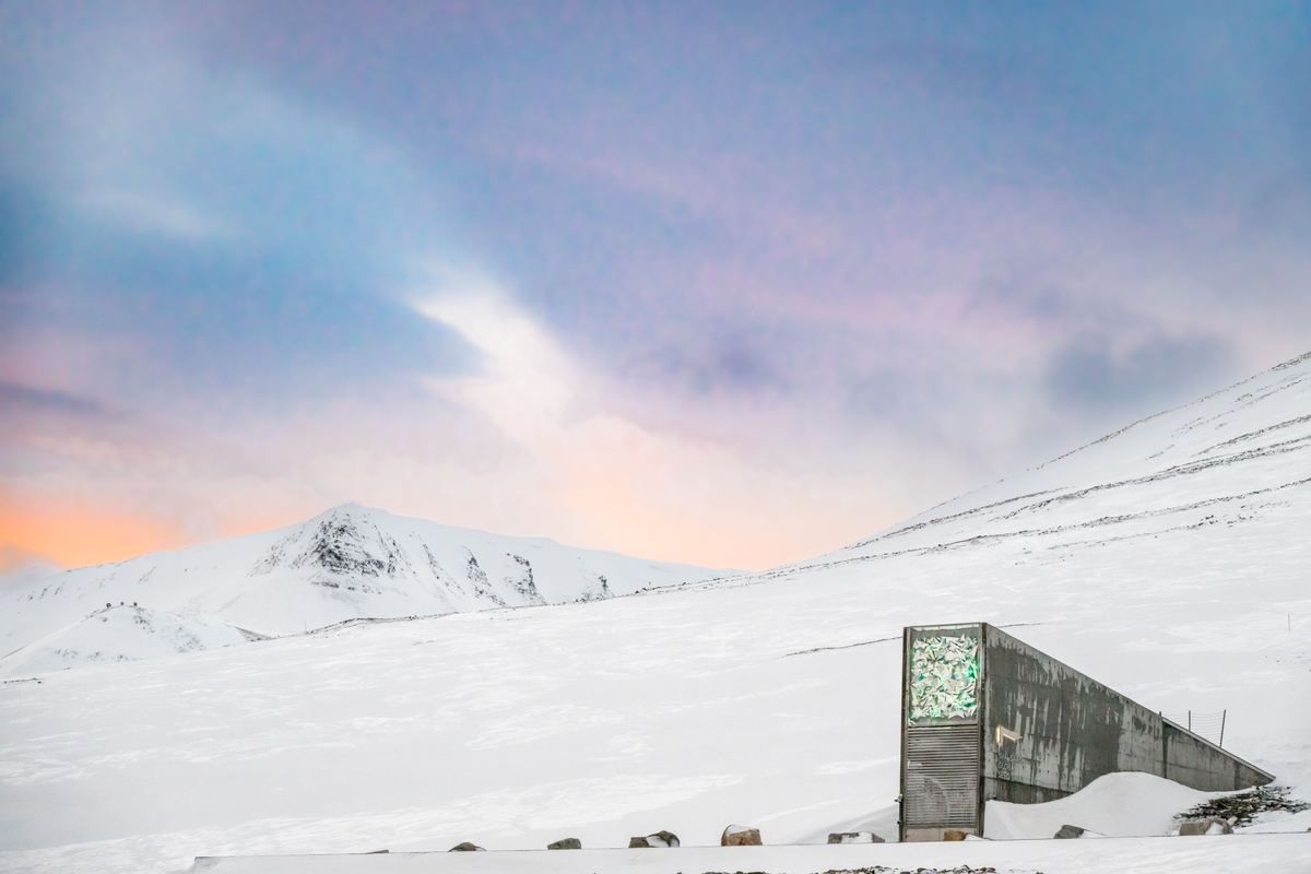 A concrete wedge-shaped building with a decorated glass panel sits on a snow-covered slope beneath a soft pink and purple sky, with a snowy peak behind.